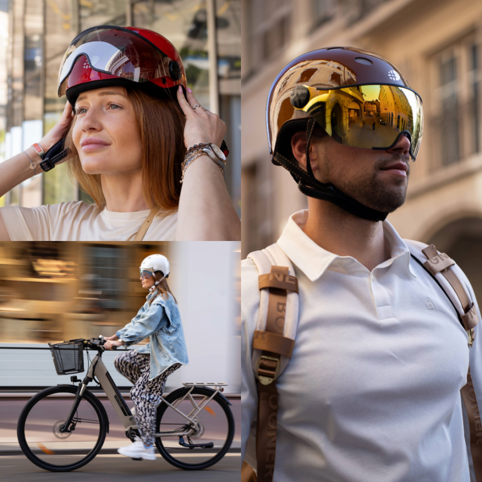 Casque vélo ville City Color DIEZZ porté en situation urbaine par un homme et une femme, avec visière intégrée miroitée